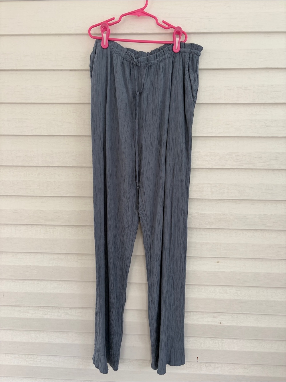 Zara Slate Gray Crinkle Flowy Leg Pants M Elastic Waist Coastal Minimalist